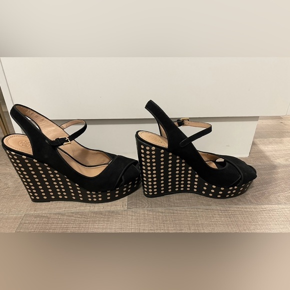 Tory Burch Black Polka Dot Wedges Platform Sandals - Picture 1 of 5
